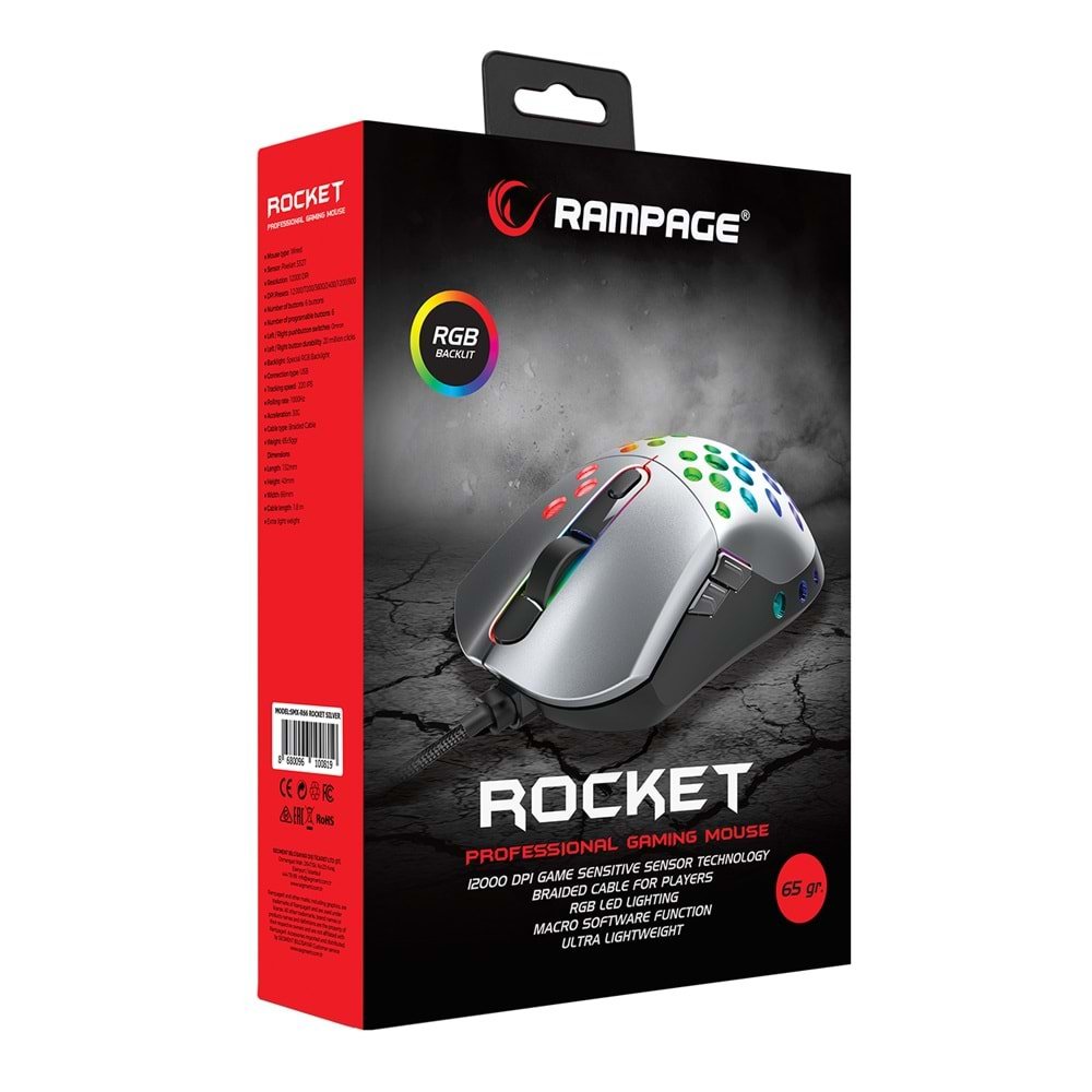 Mouse Oyuncu Ultra Hafif RGB Ledli 12000 Dpi Rampage SMX-R66 ROCKET Gümüş