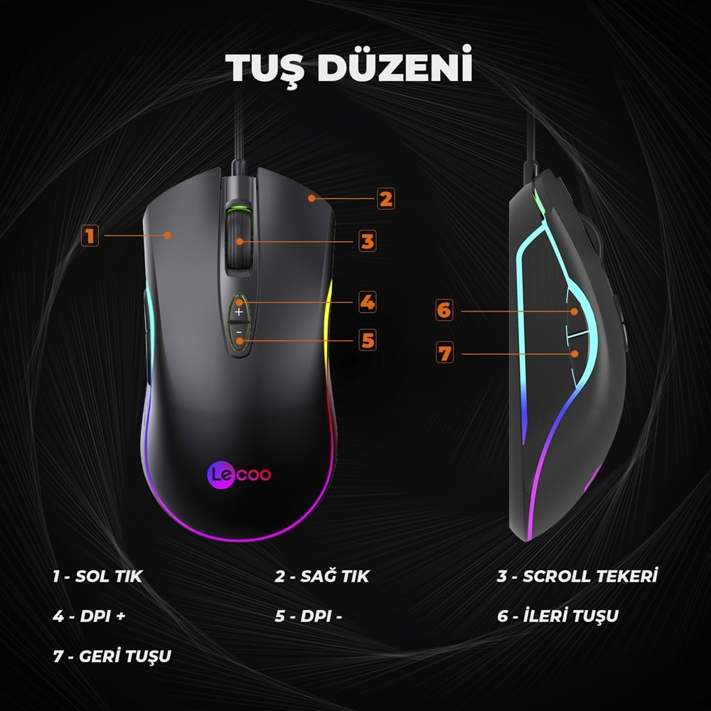 Mouse Oyuncu RGB Ledli 7 Tuşlu 6400 Dpi Lenovo Lecoo MS108