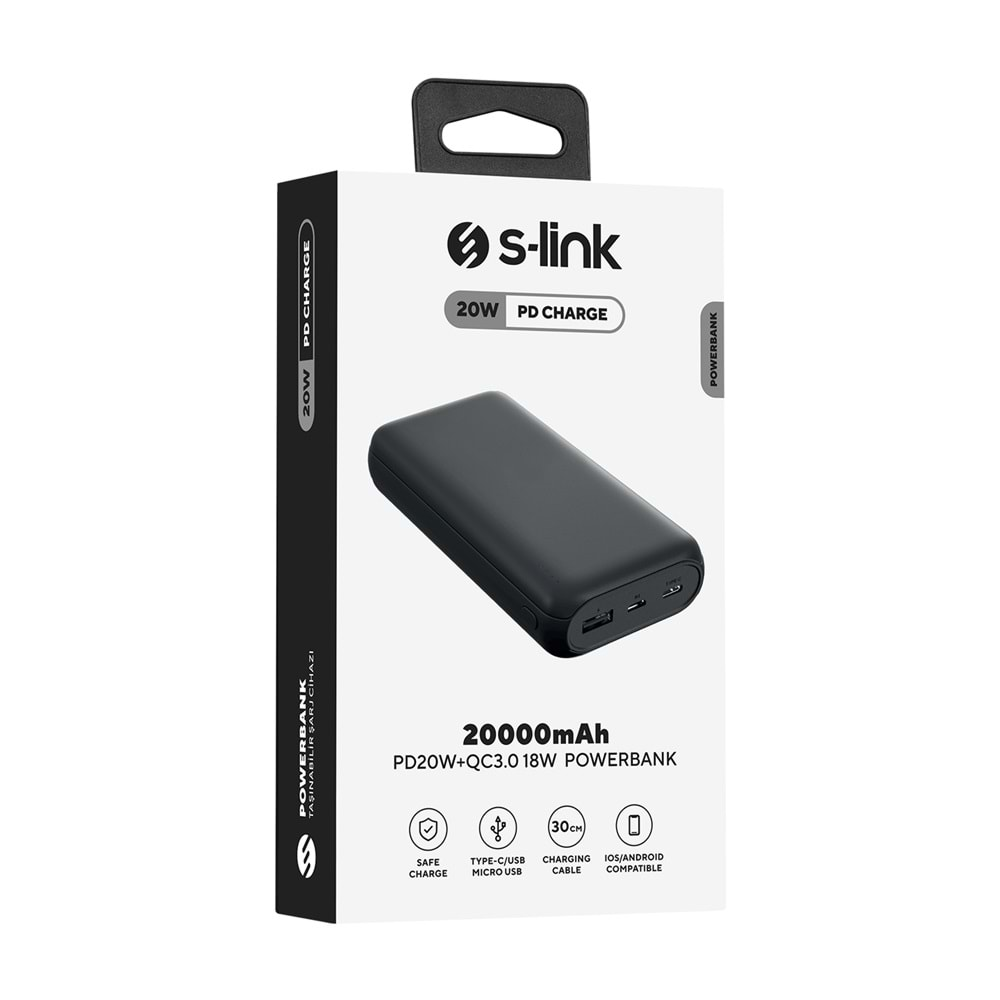 Powerbank 20000 MAH Type-C + Micro + Usb S-Link P201 Siyah