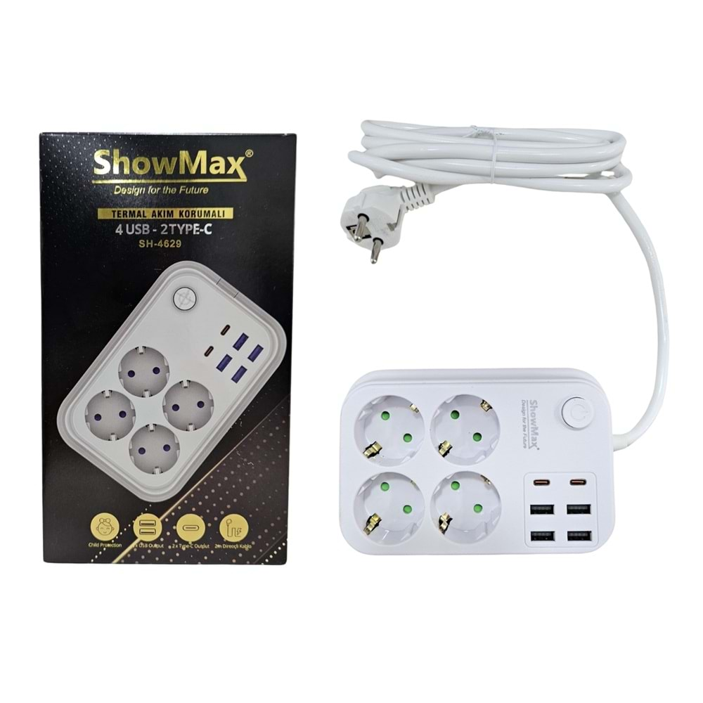 Priz 4 Lü 4 Usb 2 Type-C 2 Metre Akım Korumalı Showmax SH-4629