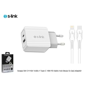 Şarj Aleti 2 Giriş Usb+Type C ve Lightning Kablo 18W Hızlı Şarj S-link Swapp SW-C1110X