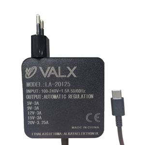 Notebook Adaptör Type-C Otomatik Voltaj 5V/9V/12V/15V/20V 3A Valx LA-20125