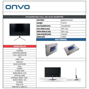 Monitör 22 İnç LED Fresync HDMI+VGA 7 MS 1080 P Onvo OV22MNT200