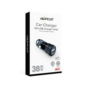 Şarj Aleti Araç 2 Port 38W PD + USB Apricot APC-CC38 Siyah