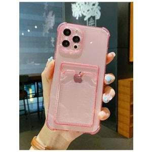 İphone 12 Pro Kılıf Kart Bölmeli Şeffaf Pembe