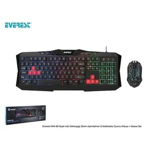 Klavye Mouse Set Oyuncu Gökkuşağı Zemin Aydınlatmalı Everest KMX-88 Siyah