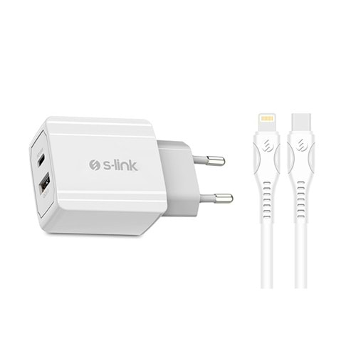 Şarj Aleti 2 Giriş Usb+Type C ve Lightning Kablo 18W Hızlı Şarj S-link Swapp SW-C1110X