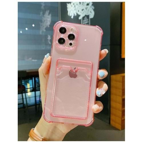 İphone 12 Pro Kılıf Kart Bölmeli Şeffaf Pembe