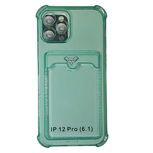 İphone 12 Pro Kılıf Kart Bölmeli Şeffaf Yeşil