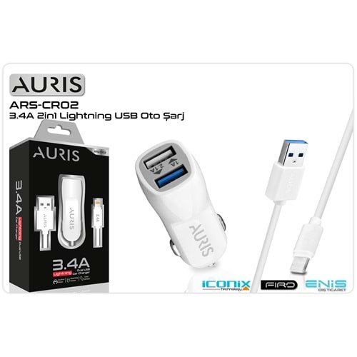 Şarj Aleti Araç 2 Port 3.4A Ve İphone Lightning Kablo Auris ARS-CR02