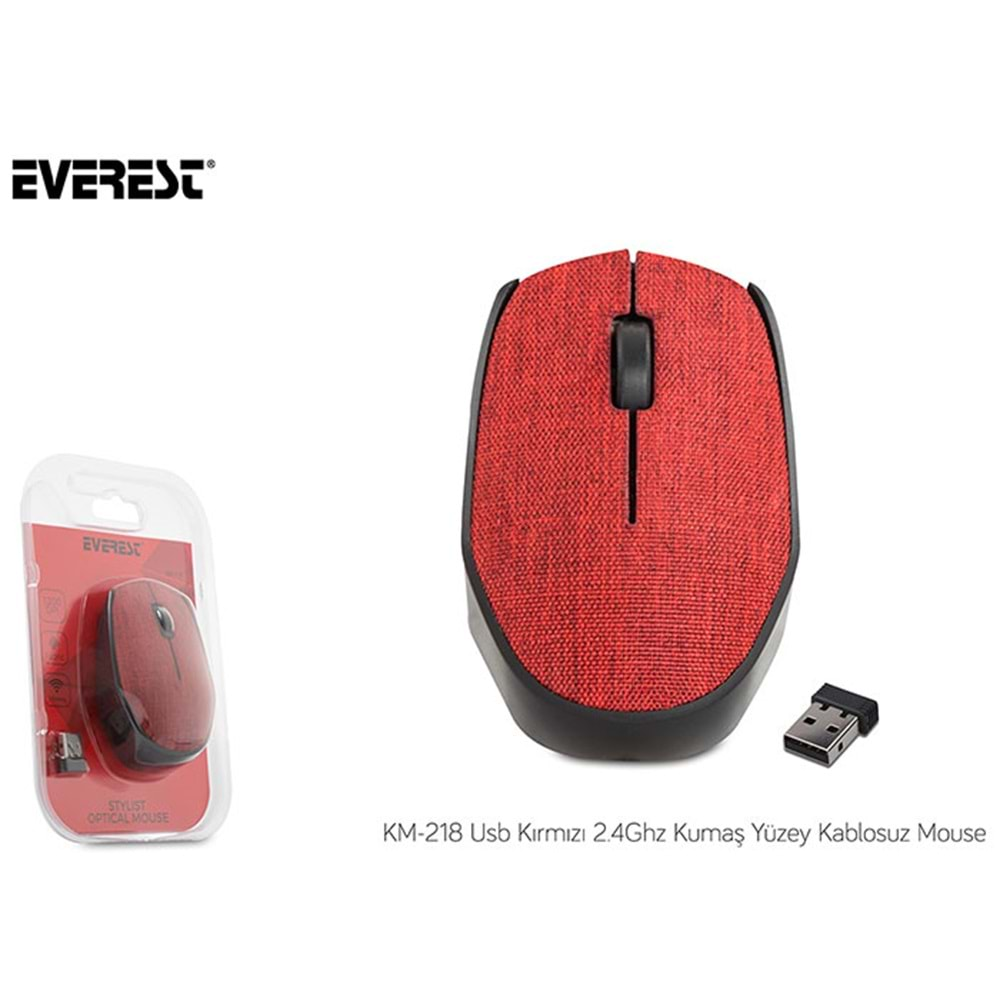 Mouse Kablosuz Kumaş Yüzey Everest KM-218 Kırmızı