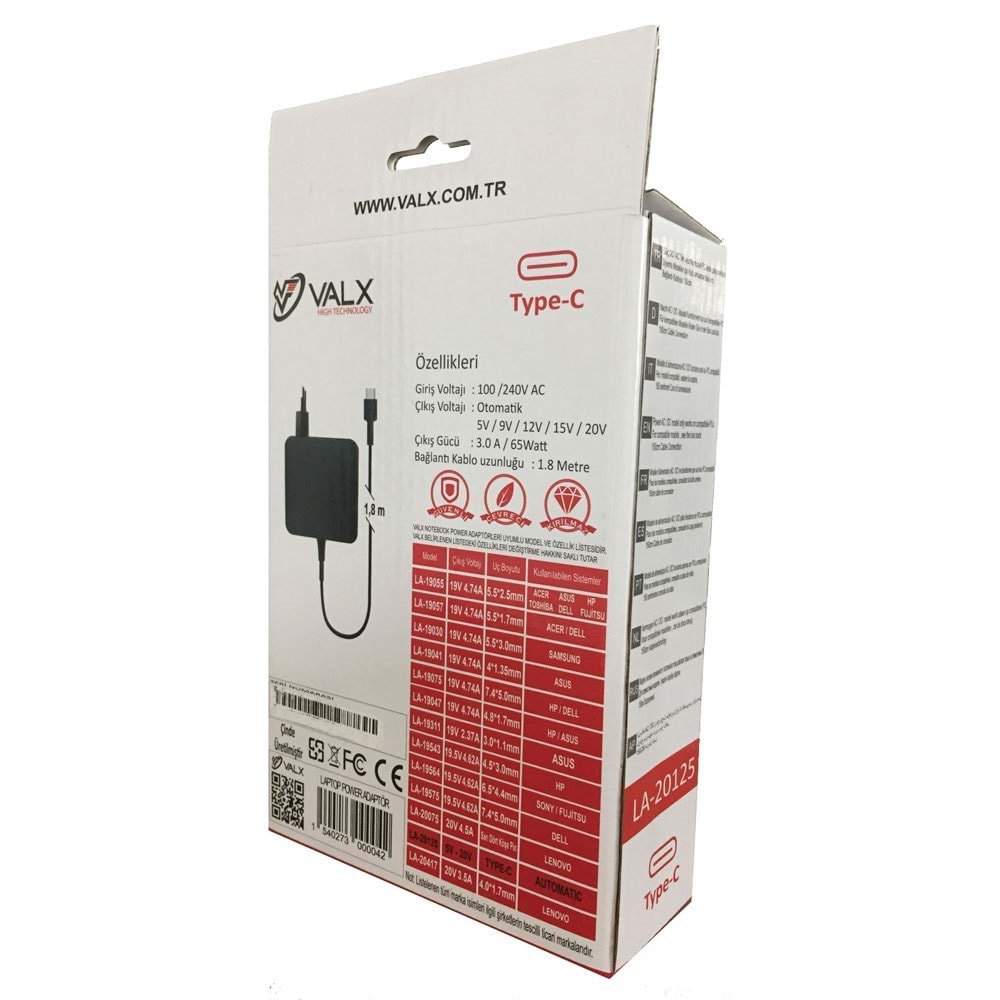 Notebook Adaptör Type-C Otomatik Voltaj 5V/9V/12V/15V/20V 3A Valx LA-20125